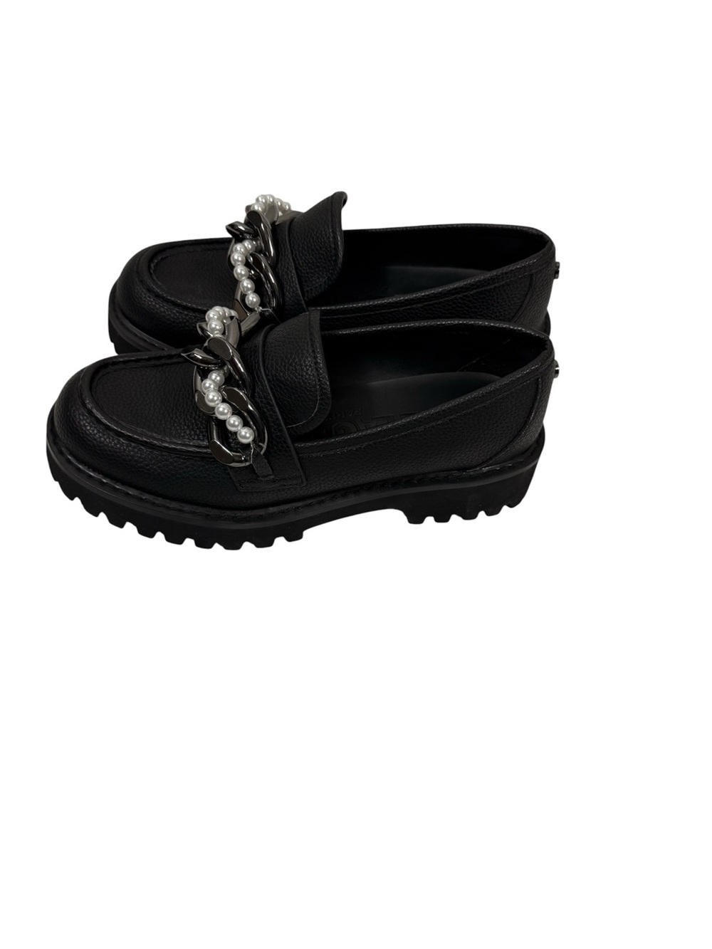 Karl Lagerfeld Black Leather lug Loafers with Chain & Pearl Trim size 8.5 - Picture 3 of 10